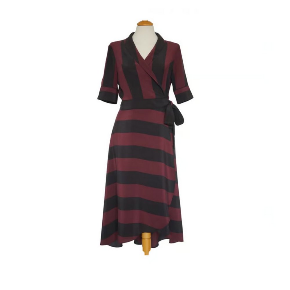 Ganni Silk Wrap Dress - Red Burgundy Black Stripe